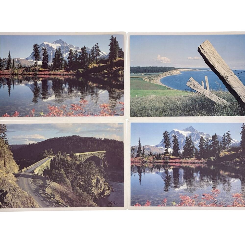 Vintage Laminated Set Of 4 Color Placemats PNW Washington Landmarks Photography